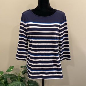 Jasper Conran Navy Blue and White Stripe Boat Neck Top with 3/4 Sleeves